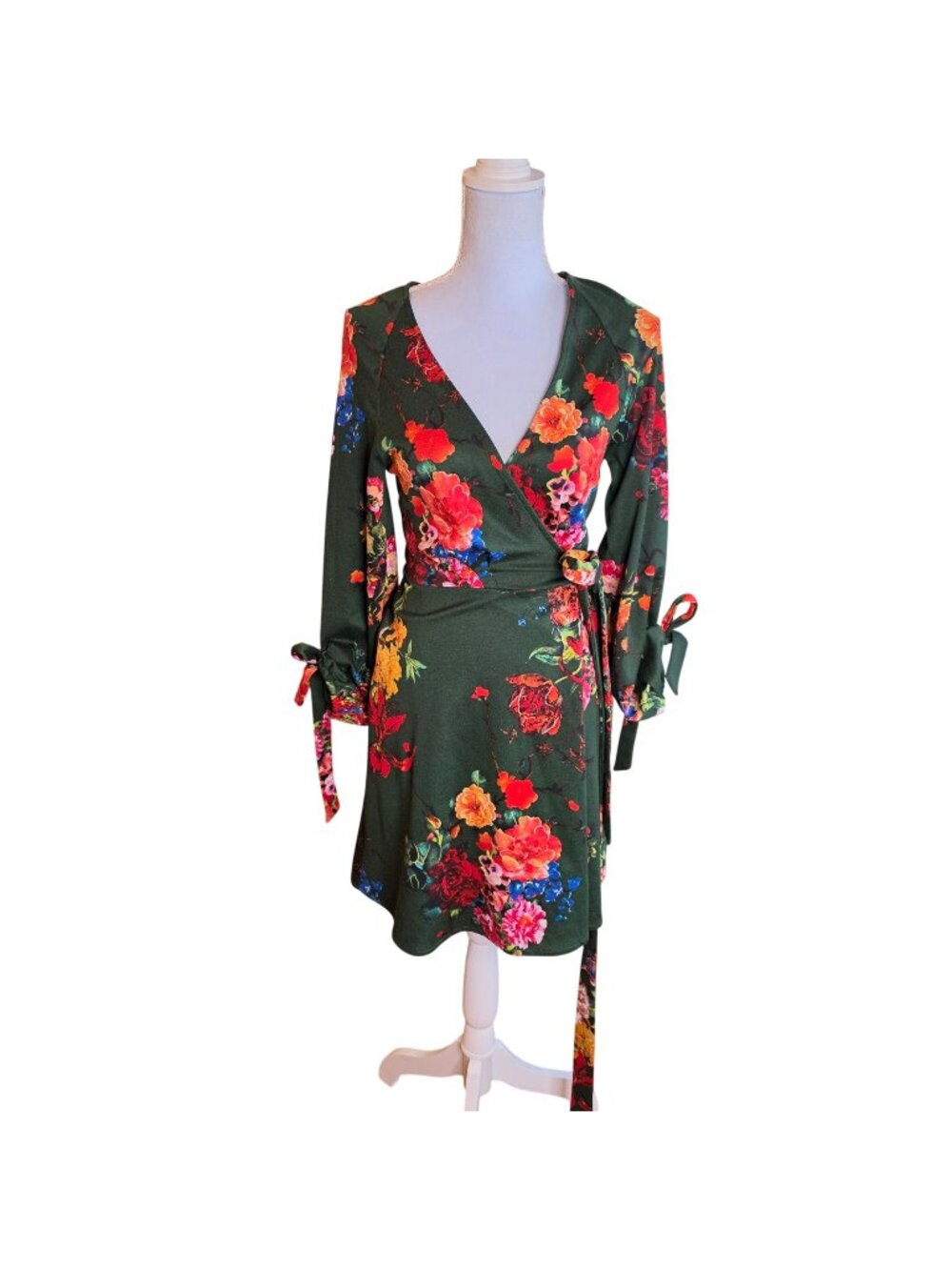 Eva Franco Dahlia Green Floral Wrap Mini Dress Long Sleeve Cottagecore Anthro XS